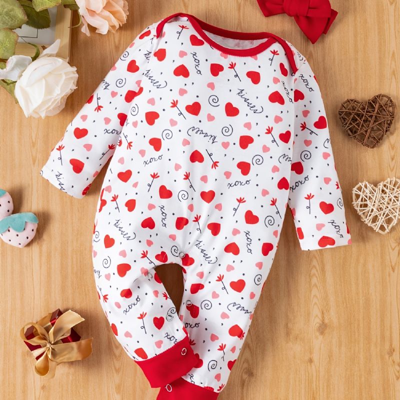 2 Stk Baby Piger Hjerte Print Langærmet Jumpsuit Romper & Pandebånd Sæt Tøj