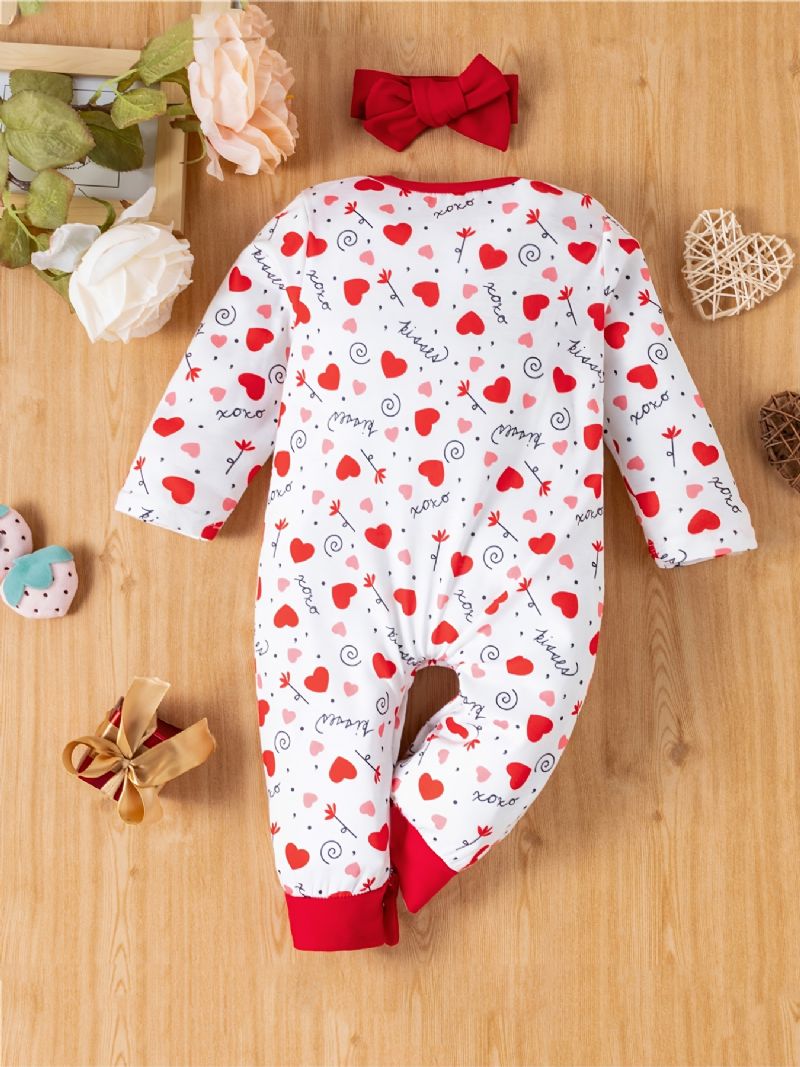 2 Stk Baby Piger Hjerte Print Langærmet Jumpsuit Romper & Pandebånd Sæt Tøj