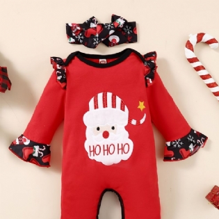 2 Stk. Toddler Baby Christmas Santa Claus Broderet Jumpsuit Romper & Hårbånd Sæt Til Piger