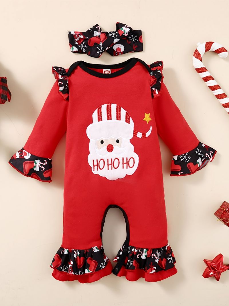 2 Stk. Toddler Baby Christmas Santa Claus Broderet Jumpsuit Romper & Hårbånd Sæt Til Piger