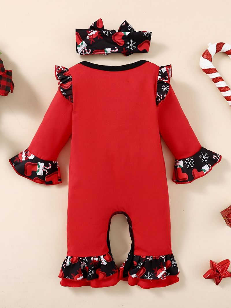 2 Stk. Toddler Baby Christmas Santa Claus Broderet Jumpsuit Romper & Hårbånd Sæt Til Piger