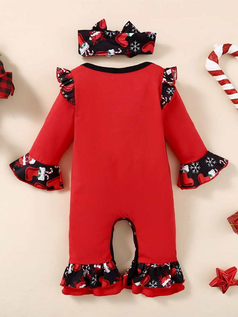 2 Stk. Toddler Baby Christmas Santa Claus Broderet Jumpsuit Romper & Hårbånd Sæt Til Piger