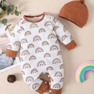 2 Stk. Toddler Baby Jumpsuit Regnbue Print Langærmet Romper & Hatte Sæt Til Drenge Piger