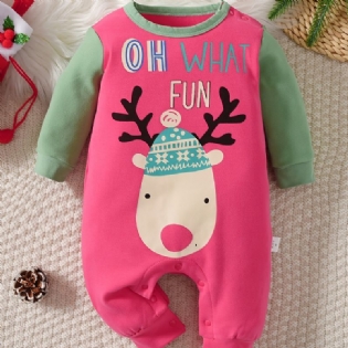 Baby Drenge Og Piger Casual Tegneserie Elg Print Romper Langærmet Termisk Jumpsuit Børnetøj Til Vinter Julefest Rød