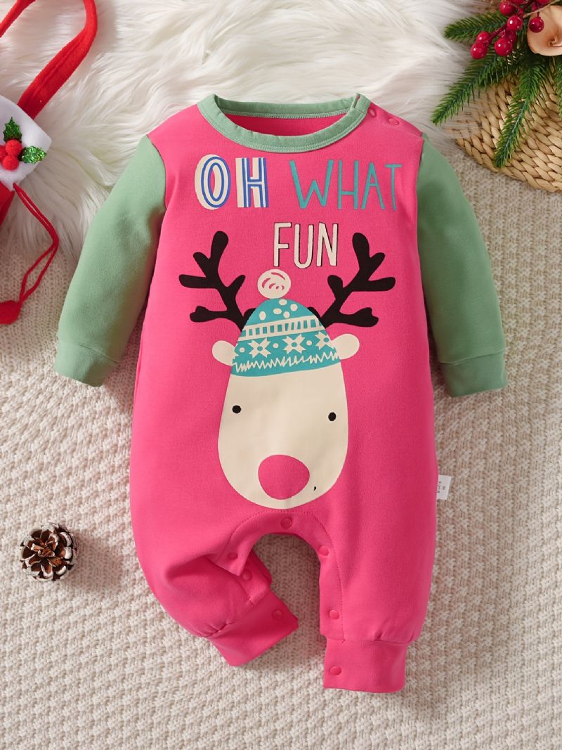 Baby Drenge Og Piger Casual Tegneserie Elg Print Romper Langærmet Termisk Jumpsuit Børnetøj Til Vinter Julefest Rød