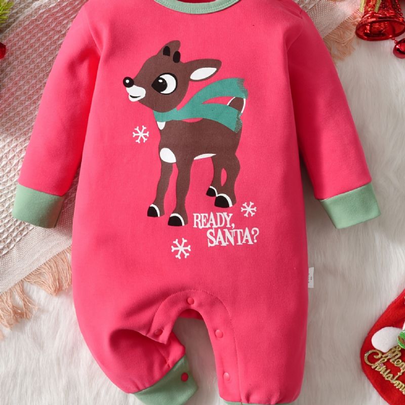 Baby Drenge Og Piger Sød Tegneserie Elg Print Romper Langærmet Termisk Jumpsuit Børnetøj Til Vinterjulefest