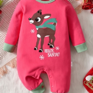 Baby Drenge Og Piger Sød Tegneserie Elg Print Romper Langærmet Termisk Jumpsuit Børnetøj Til Vinterjulefest