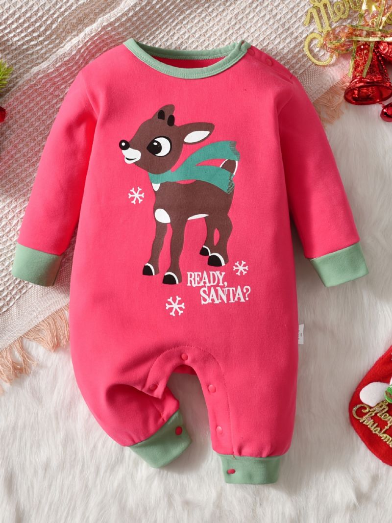 Baby Drenge Og Piger Sød Tegneserie Elg Print Romper Langærmet Termisk Jumpsuit Børnetøj Til Vinterjulefest