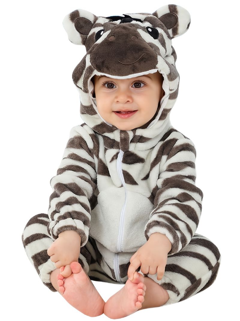 Baby Drenge Piger Flannel Pyjamas Med Hætte Sødt Dyr Blødt Varm Lynlås Jumpsuit Vinter