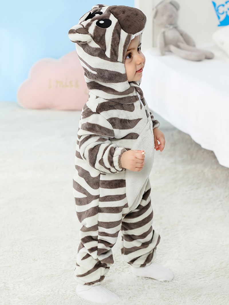 Baby Drenge Piger Flannel Pyjamas Med Hætte Sødt Dyr Blødt Varm Lynlås Jumpsuit Vinter