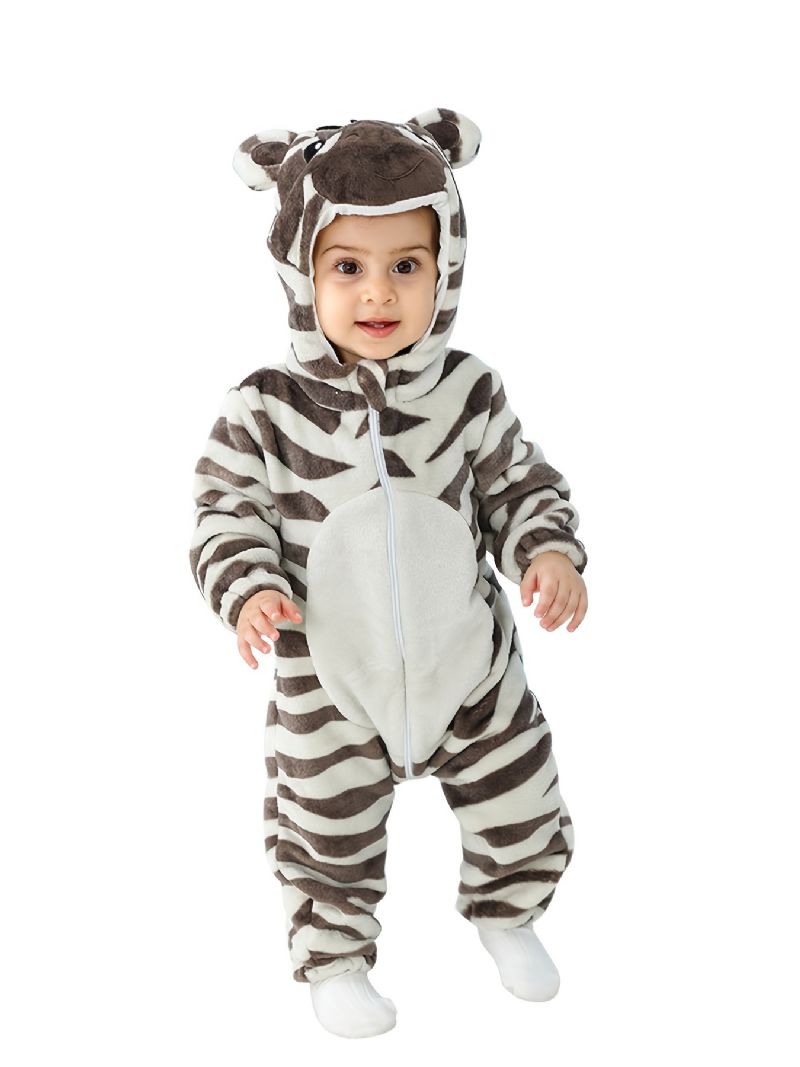 Baby Drenge Piger Flannel Pyjamas Med Hætte Sødt Dyr Blødt Varm Lynlås Jumpsuit Vinter