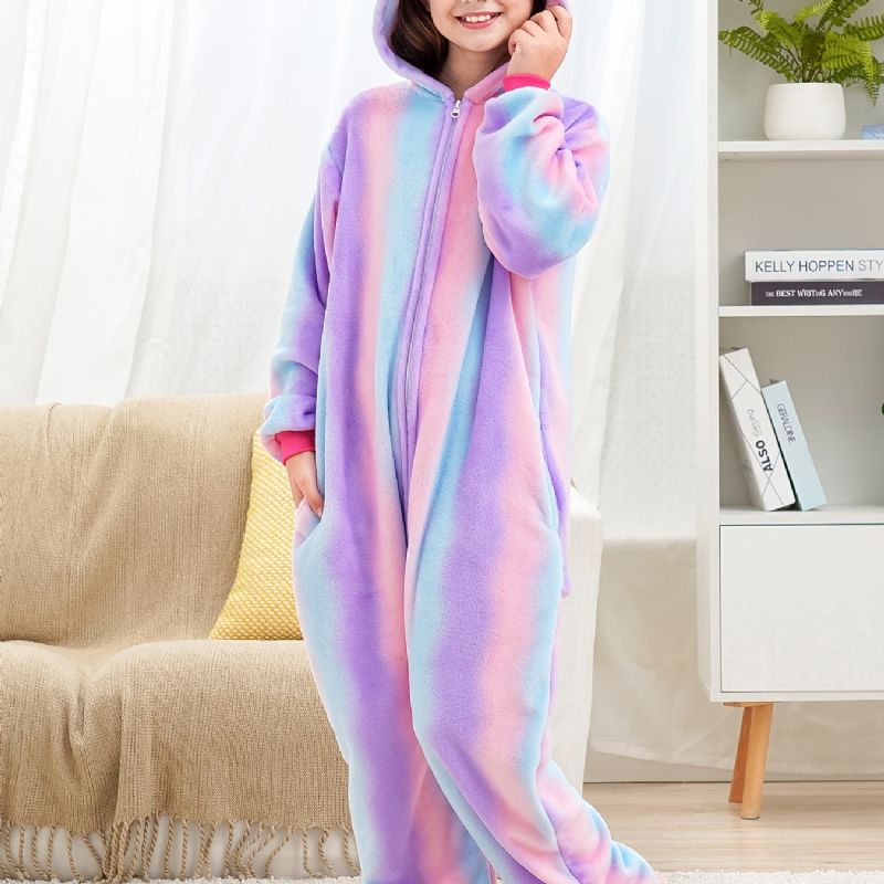 Baby Drenge Piger Hætte Flannel Pyjamas Bindefarve Blød Varm Lynlås Jumpsuit Børnetøj Vinter