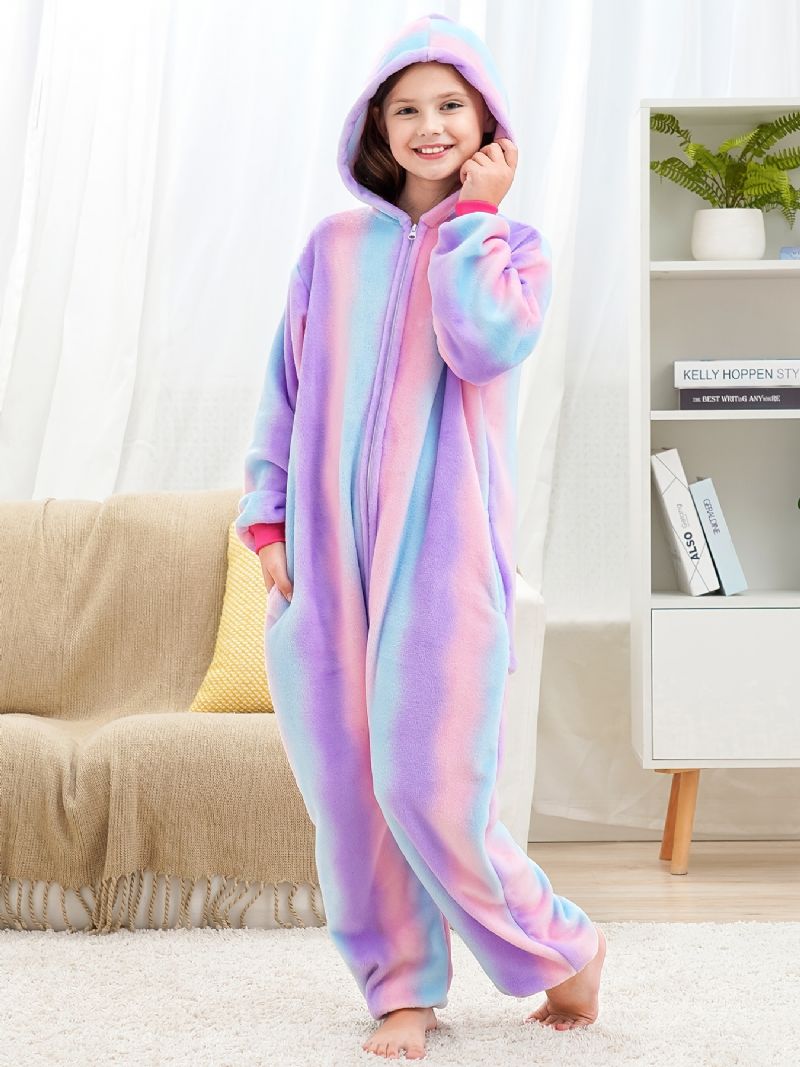 Baby Drenge Piger Hætte Flannel Pyjamas Bindefarve Blød Varm Lynlås Jumpsuit Børnetøj Vinter