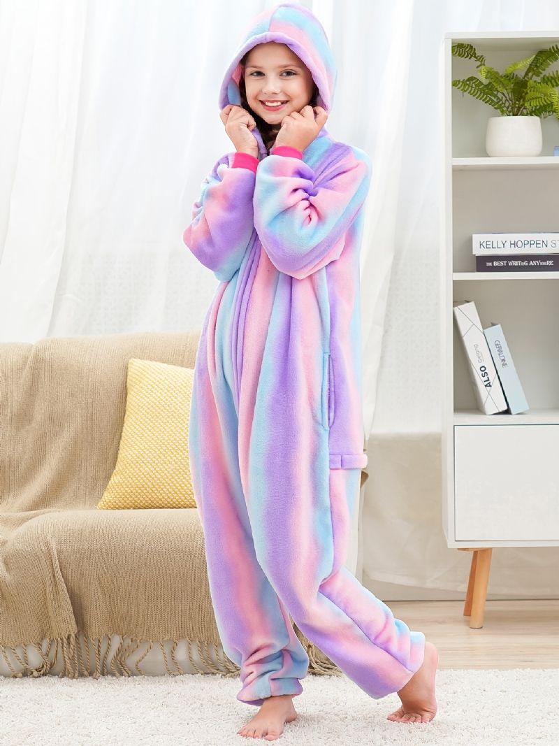 Baby Drenge Piger Hætte Flannel Pyjamas Bindefarve Blød Varm Lynlås Jumpsuit Børnetøj Vinter