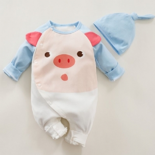 Baby Drenge Piger Jumpsuits Med Piggy Design & Hatte Sæt