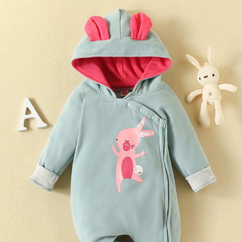 Baby Drenge Piger Sød Hættedragt Med Tegnefilm Kanin Print Lynlås Jumpsuit Til Vinter