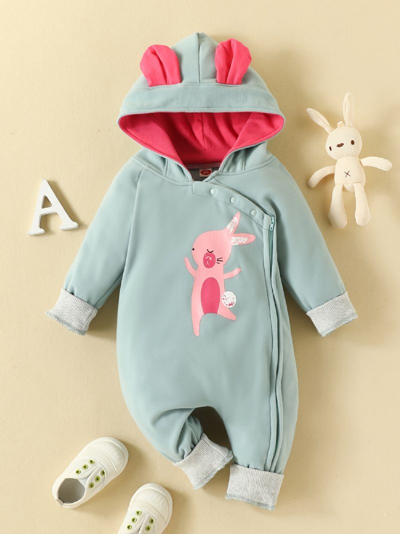 Baby Drenge Piger Sød Hættedragt Med Tegnefilm Kanin Print Lynlås Jumpsuit Til Vinter