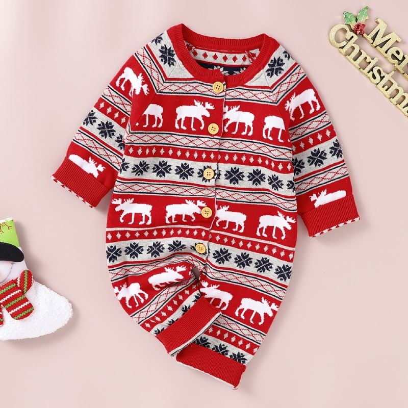 Baby One Piece Sweater Langærmet Strik Jumpsuit Romper Med Elk Mønster Til Vinter Juletøj