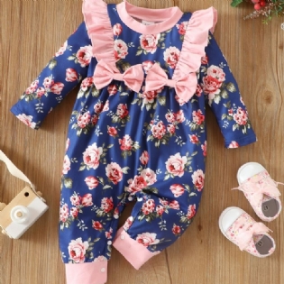 Baby Pige Blomsterprint Sløjfe Blonder Trim Jumpsuit