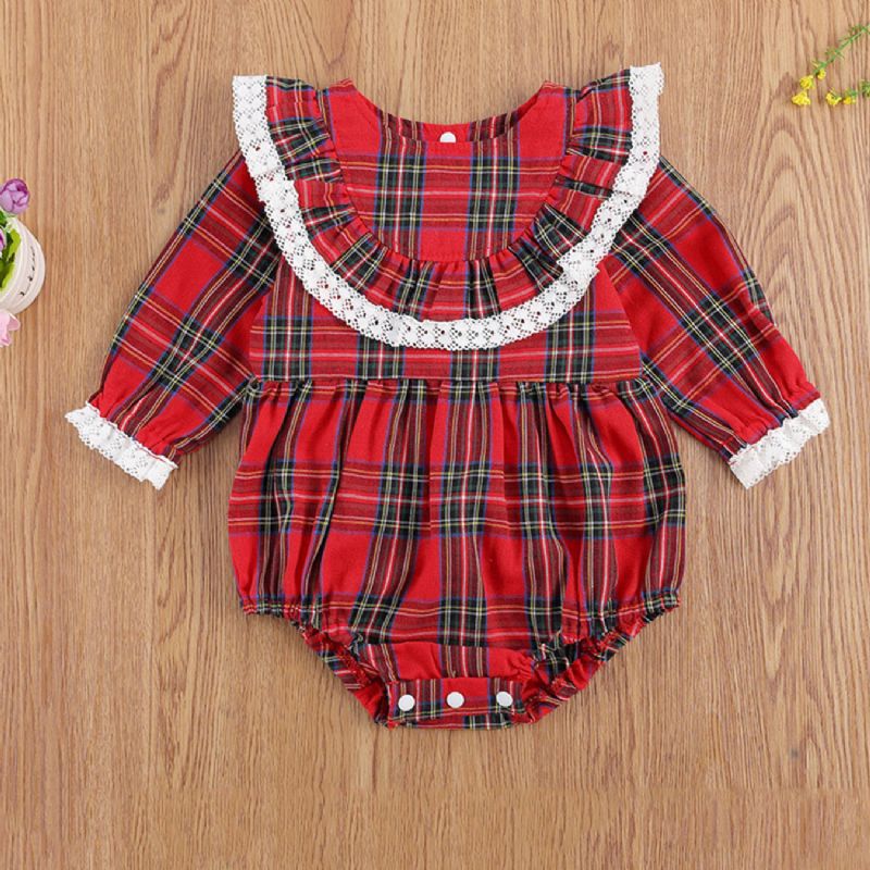 Baby Pige Jul Romper Langærmet Rød Plaid Flæse Blonde Jumpsuit