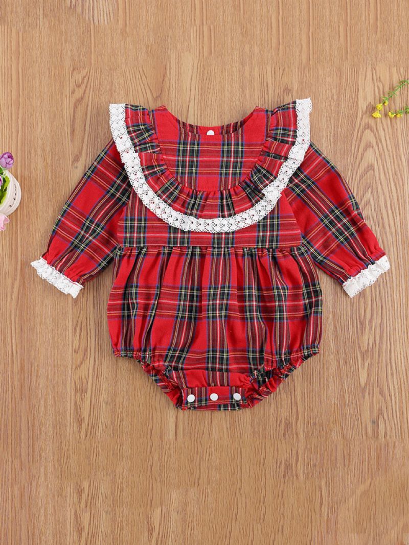 Baby Pige Jul Romper Langærmet Rød Plaid Flæse Blonde Jumpsuit