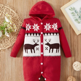 Baby Piger Drenge Hætte Strikket Jumpsuit Termisk Onesie Med Elg Mønster Til Vinter Jul