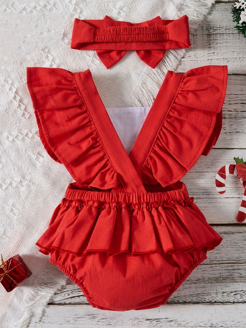 Baby Piger Drenge Ruffle Sleeve Romper + Pandebånd Sæt Bodysuit Onesie Jumpsuit Babytøj Til Jul