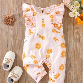 Baby Piger Flyvende Ærmer Blomst Print Romper Casual Crew Neck Jumpsuit