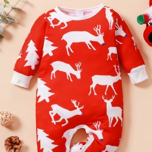 Baby Piger Jul Hjorte Tegneserie Print Langærmet Jumpsuit Romper Tøj