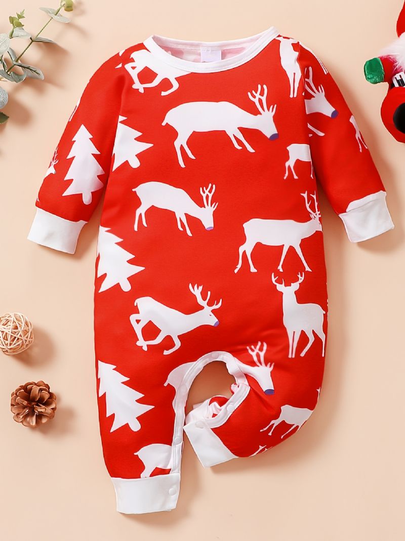 Baby Piger Jul Hjorte Tegneserie Print Langærmet Jumpsuit Romper Tøj