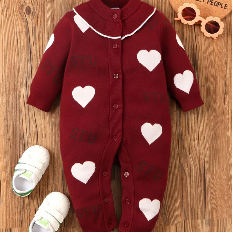 Baby Piger Jumpsuit Hjerte Print Strikket Knap