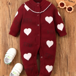 Baby Piger Jumpsuit Hjerte Print Strikket Knap