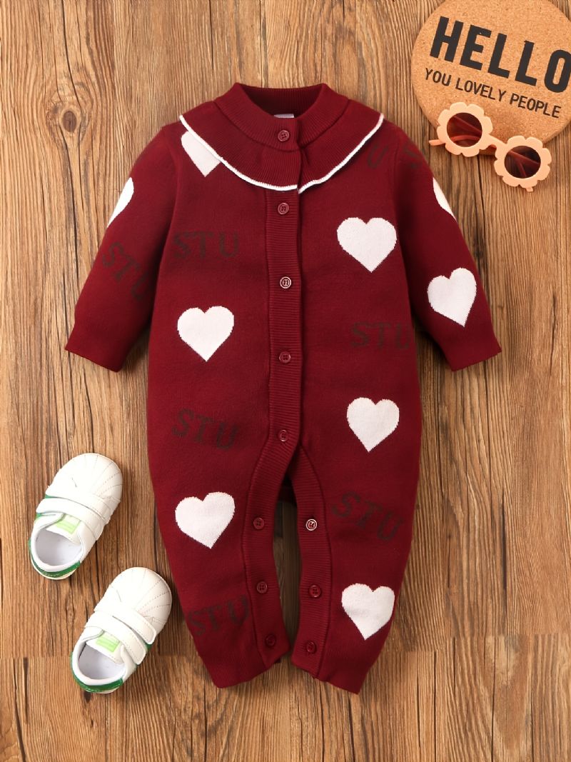 Baby Piger Jumpsuit Hjerte Print Strikket Knap