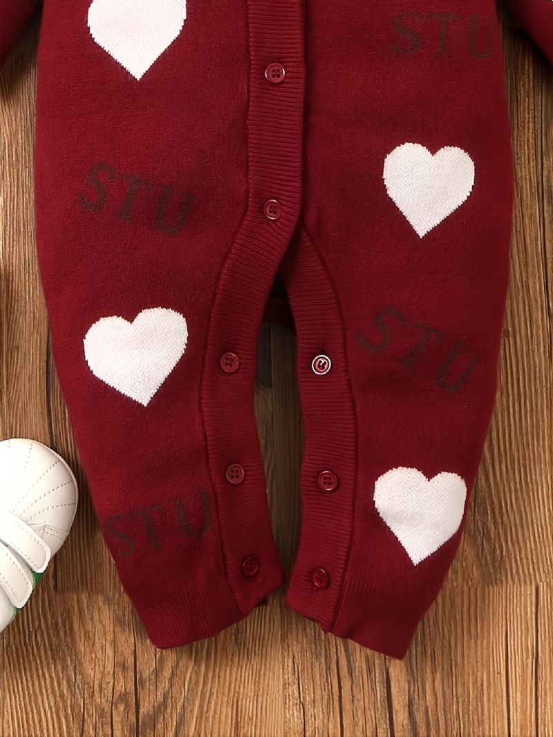 Baby Piger Jumpsuit Hjerte Print Strikket Knap