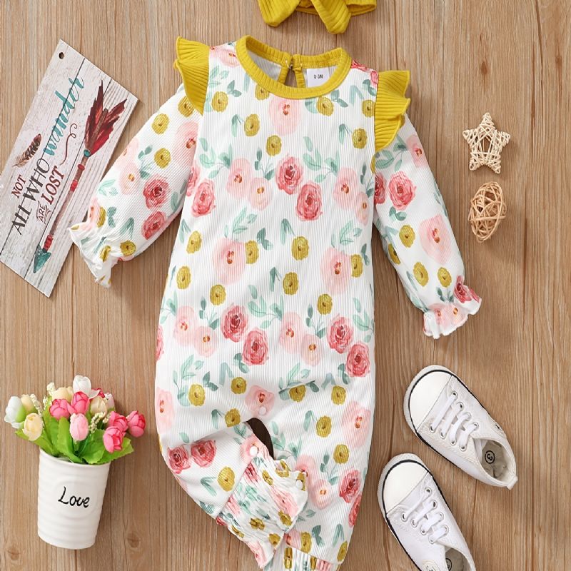 Baby Piger Langærmet Blomstret Jumpsuit + Pandebånd Sæt Romper Babytøj