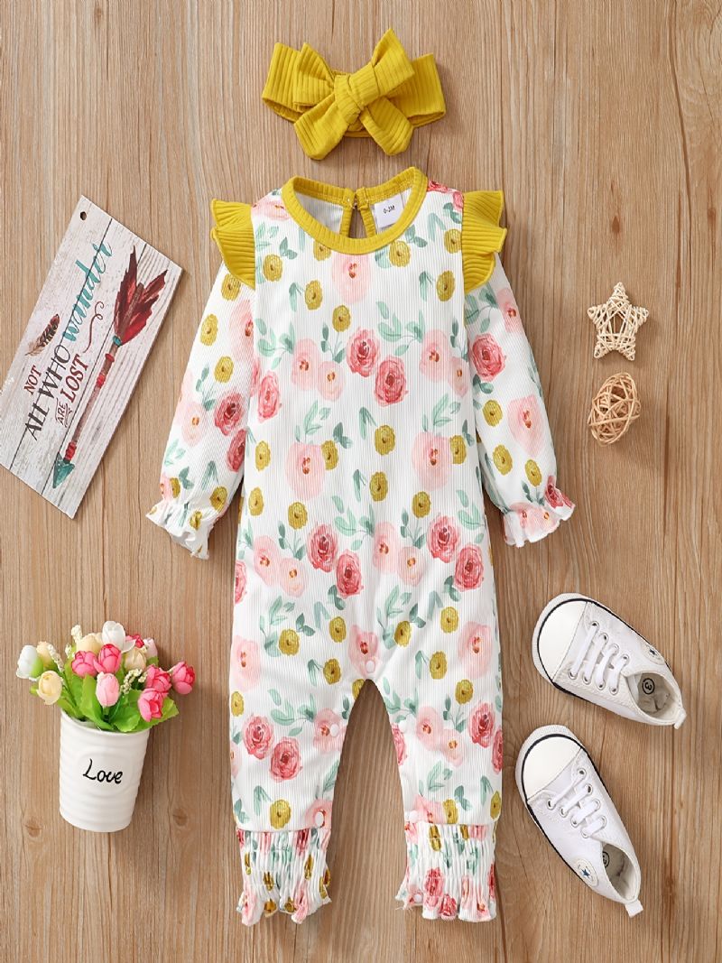 Baby Piger Langærmet Blomstret Jumpsuit + Pandebånd Sæt Romper Babytøj