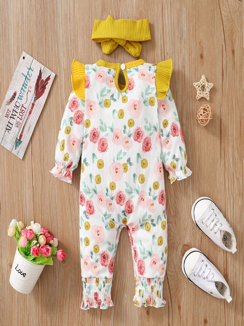 Baby Piger Langærmet Blomstret Jumpsuit + Pandebånd Sæt Romper Babytøj