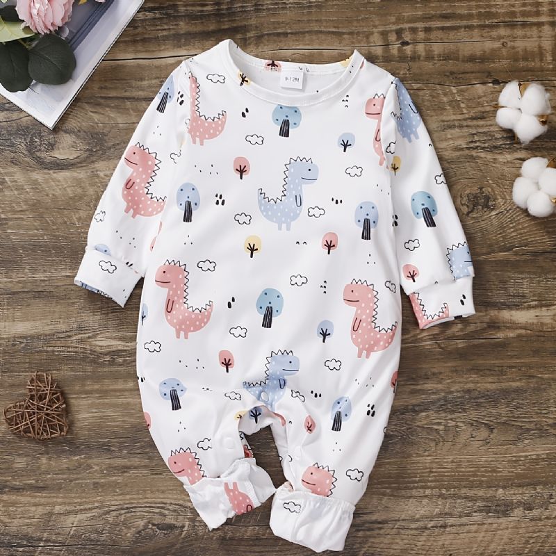 Baby Piger Langærmet Jumpsuit Med Dinosaur Mønster Babytøj
