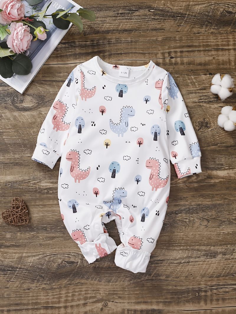 Baby Piger Langærmet Jumpsuit Med Dinosaur Mønster Babytøj