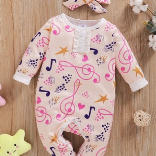 Baby Piger Note Full Print Langærmet Jumpsuit + Hovedtørklæde