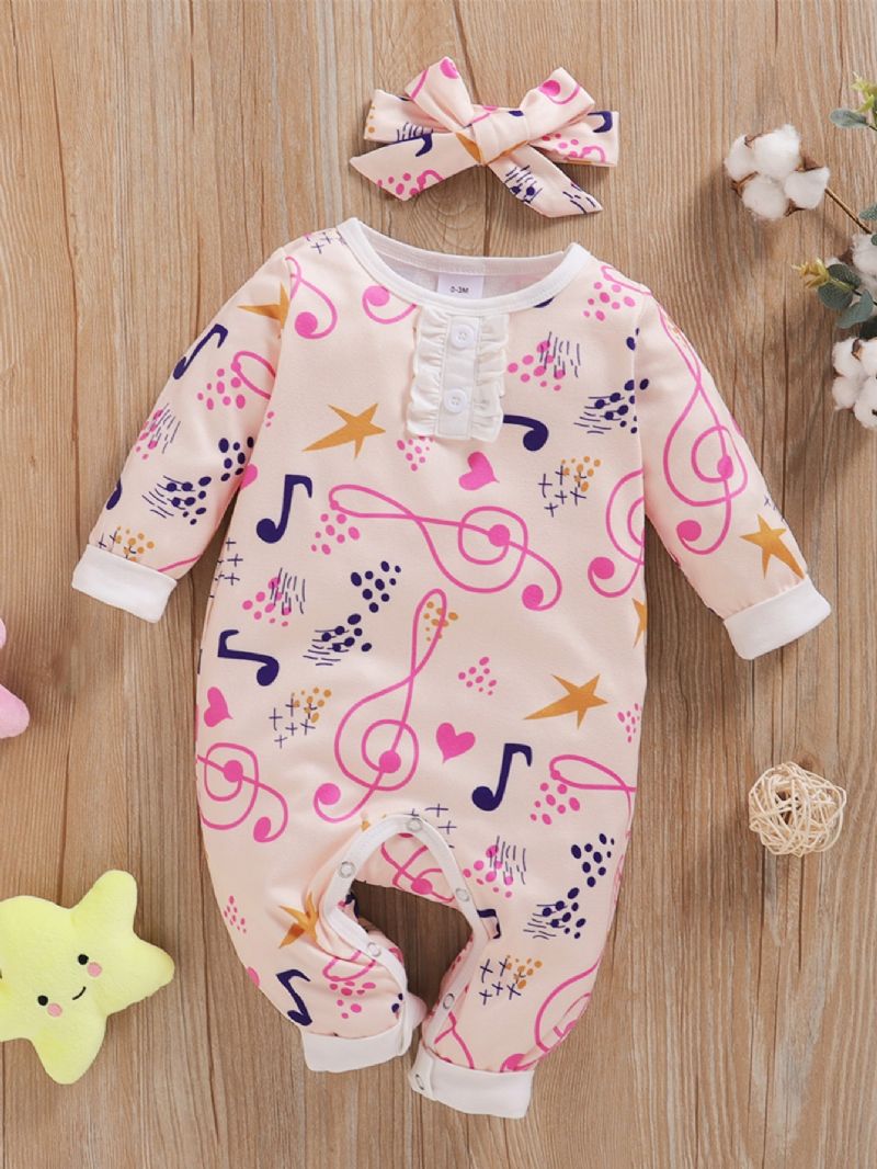 Baby Piger Note Full Print Langærmet Jumpsuit + Hovedtørklæde