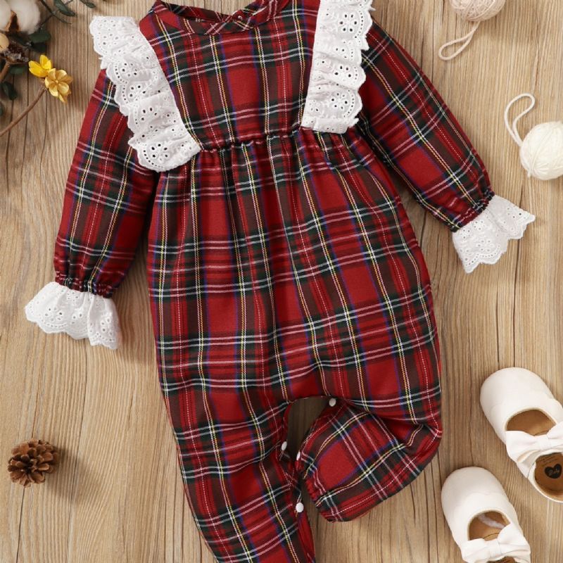 Baby Piger Plaid Mønster Blonde Trim Jule Jumpsuit