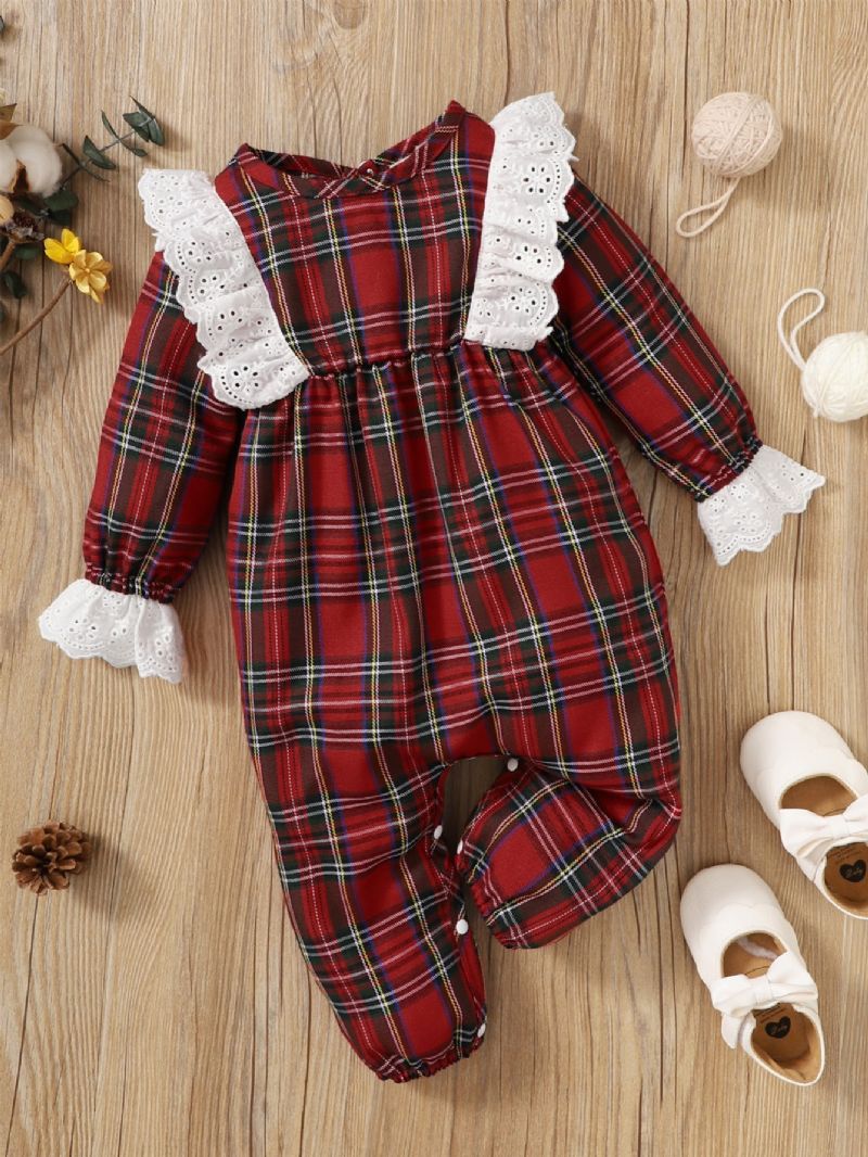 Baby Piger Plaid Mønster Blonde Trim Jule Jumpsuit
