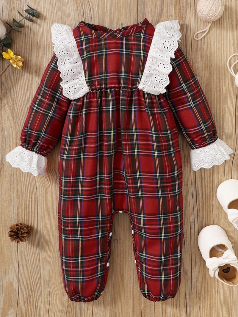 Baby Piger Plaid Mønster Blonde Trim Jule Jumpsuit