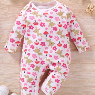 Baby Piger Sød Tegneserie Blomster Hjorte Print Romper Langærmet Rundhals Casual Jumpsuit