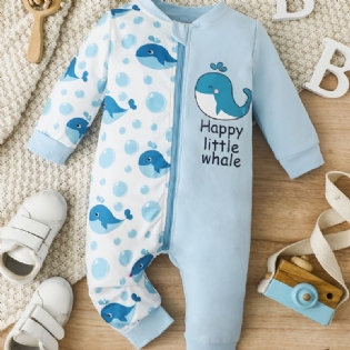 Baby Piger Sød Tegneserie Hval Print Bomuld Jumpsuit Romper Med Lynlås