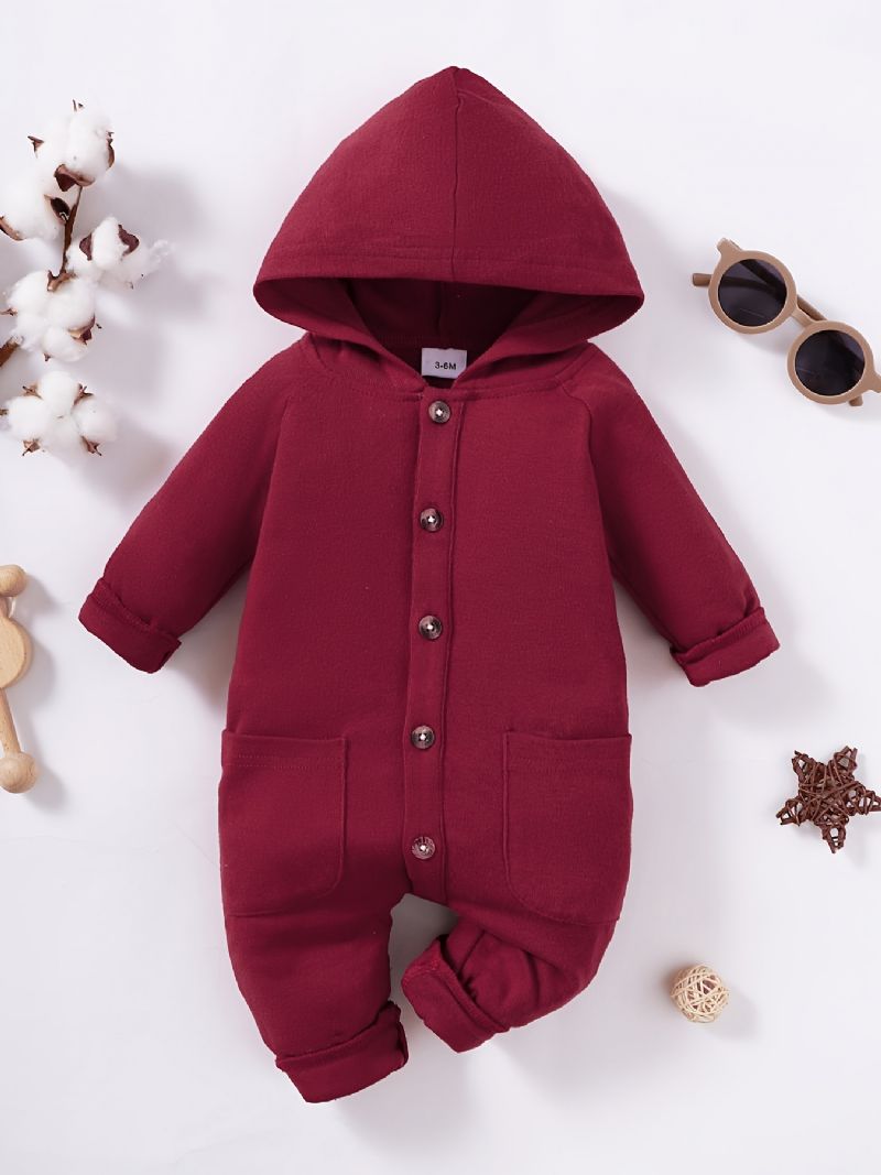 Baby Piger Solid Crew Neck Hætte Jumpsuit Romper Babytøj