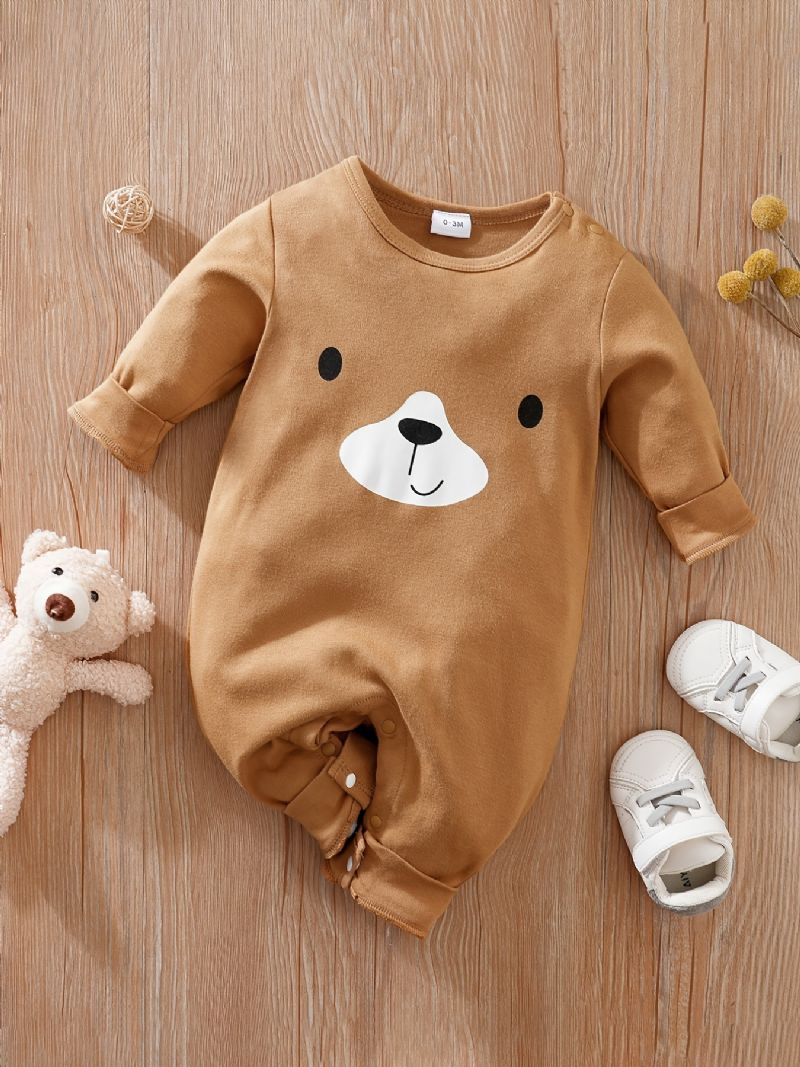 Baby Romper Sød Bear Print Rund Hals Langærmet Jumpsuit Piger Drenge Børn Tøj