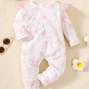 Babypige Jumpsuit Med Flæseærmer Med Lange Ærmer Med Blomsterprint