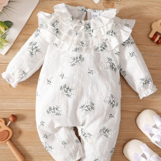 Babypige Sweet Floral Print Flæseærmer Jumpsuit & Hårbånd Babytøj